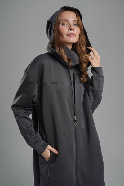 Monolou Scuba Fabric Pocket Zippered Long Jacket Anthracite