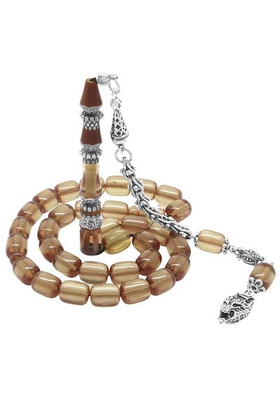 Tesbihane Non-Tarnish Metal Gray Wolf Tasseled Alpaca Nakkaş İmameli Capsule Cut Transparent Color Tightening Amber Prayer Beads