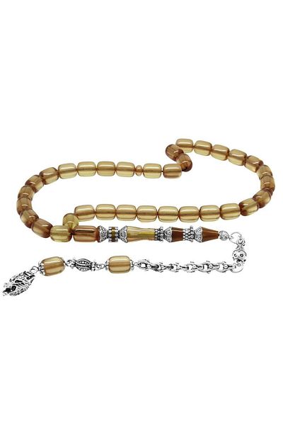 Tesbihane Non-Tarnish Metal Gray Wolf Tasseled Alpaca Nakkaş İmameli Capsule Cut Transparent Color Tightening Amber Prayer Beads