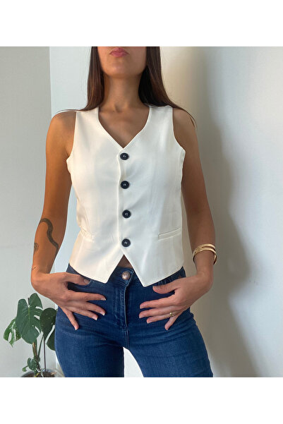 cn novembersun Women's White Buttoned V-Neck Lined Vest