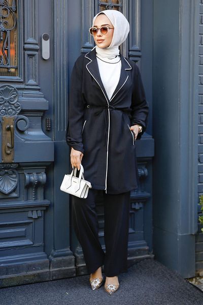 Neva Style - Classic Collar Black Hijab Triple Suit 34112S