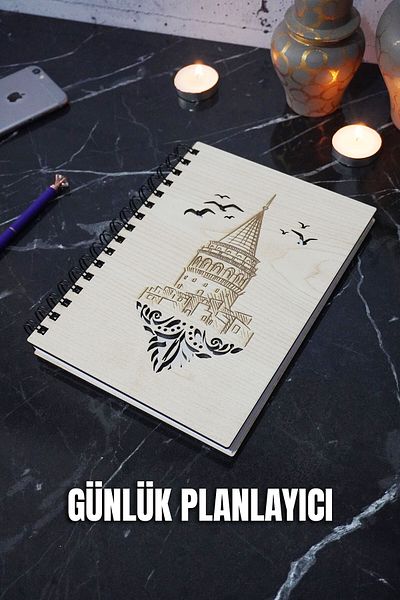 markcat Galata Tower Design Journal Planner με ξύλινο κάλυμμα - Αναλώσιμο χωρίς ημερομηνία - A5 Unlimited Planner