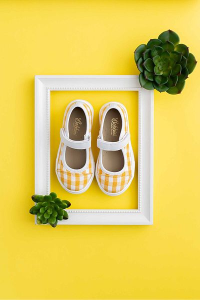 Bebbini Berry-Yellow Linen Checkered Girl's Ballerinas