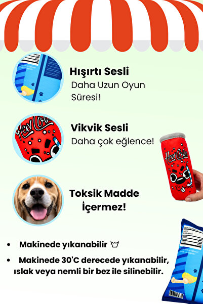 Havhav Market Köpek Oyuncak Seti 2 Adet Sesli Köpek Oyuncakları Peluş Cips ve Peluş Kutu İçecek