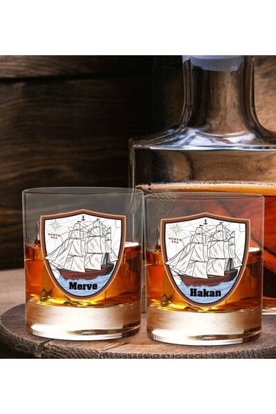 Bk Gift Kişiye Özel İsimli DTF Kaptan Tasarımlı İkili Viski Kadeh Seti-5, Ark...