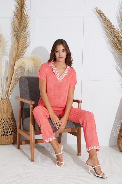 Sevim Costum de pijama cu mânecă scurtă de damă cu flori de rodie C8T1N5O51