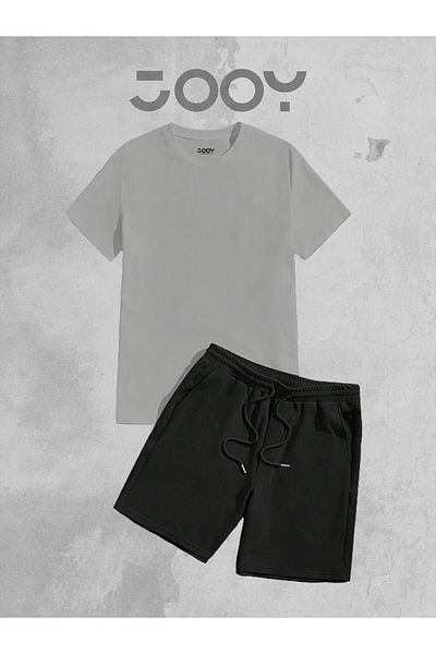 Jooy Company 2 Πακέτο Απλό Unprinted Oversize Grey Tshirt - Σετ μαύρο χτενισμένο βαμβακερό σορτς