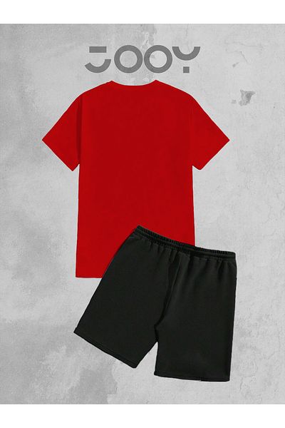 Jooy Company 2-Piece Plain Unprinted Oversize Red T-shirt - Black Combed Cotton Shorts Set