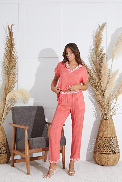 Sevim Costum de pijama cu mânecă scurtă de damă cu flori de rodie C8T1N5O51