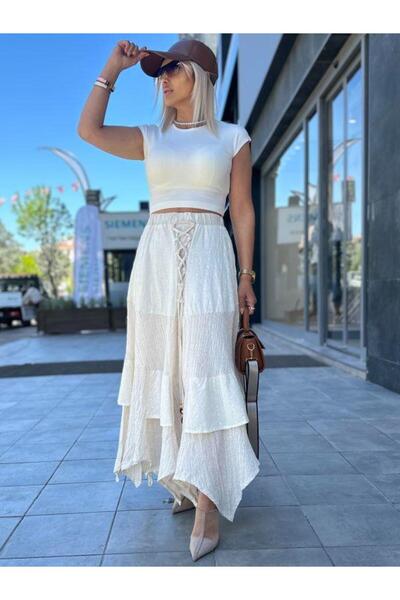 Kokoşum Butik 3014 Модель Екру Броде Спідниця - Фрагментарний дизайн