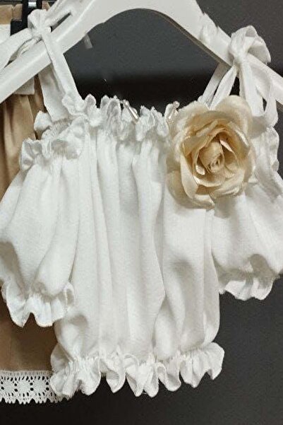 Riccotarz Girl's Off-Shoulder Crop and Brooch Brown Skirt Set