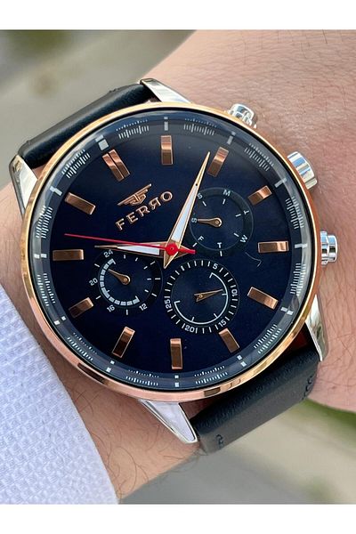 FERRO With Calendar+Inside Functions Active Navy-Rose Color Leather Cord 3 Atm Men's Wristwatch EFM11084-3