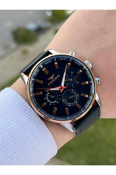 FERRO With Calendar+Inside Functions Active Navy-Rose Color Leather Cord 3 Atm Men's Wristwatch EFM11084-3