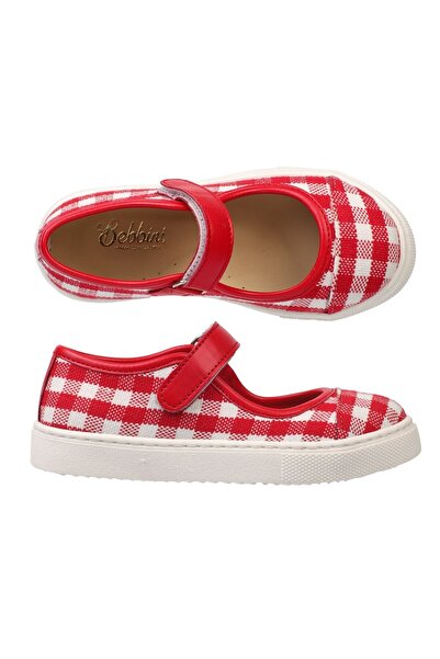 Bebbini Berry-Red Linen Checkered Girl's Ballerinas