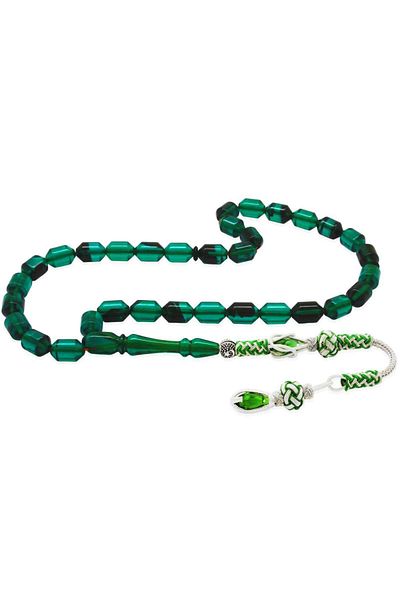 Tesbihane Copper Kazaz Tasseled Tip Capsule Cut Turquoise-Black Fire Amber Rosary