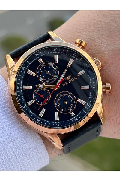 FERRO With Calendar+Inside Functions Active Navy-Rose Color Leather Cord 3 Atm Men's Wristwatch EFM11105-T