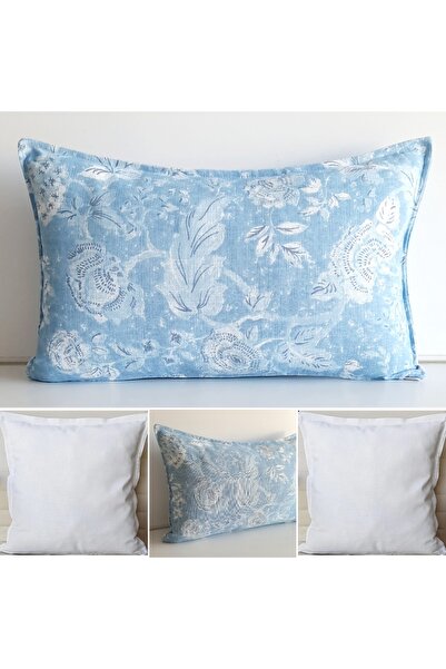 Fabric by Gülçin KETEN Pamuklu 2 BEYAZ DANTEL BİYELİ KARE-2 BULUT MAVİ ÇİÇEK ...