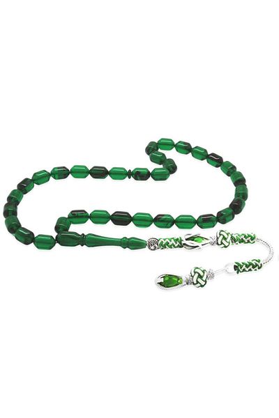 Tesbihane Copper Kazaz Tassel Tip Capsule Cut Transparent Green-Black Fire Amber Prayer Beads