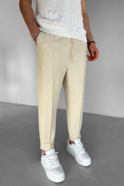 MADZEYMODA Boyfriend Mold Ανδρική Βάφλα Ύφασμα Μπεζ Jogger με ελαστική μέση