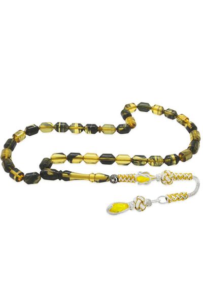 Tesbihane Copper Kazaz Tassel Tip Capsule Cut Black-White Fire Amber Prayer Beads