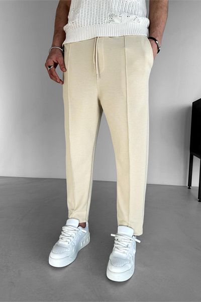 MADZEYMODA Boyfriend Mold Ανδρική Βάφλα Ύφασμα Μπεζ Jogger με ελαστική μέση