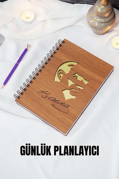 markcat Caiet de planuri cu copertă din lemn Mustafa Kemal Atatürk - Agenda fără timp - Planificator zilnic (NUT) A5