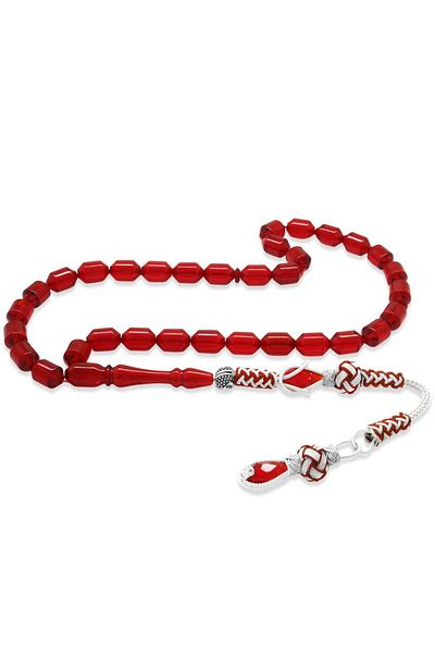 Tesbihane Copper Kazaz Tasseled Tip Capsule Cut Flag Red Fire Amber Prayer Beads