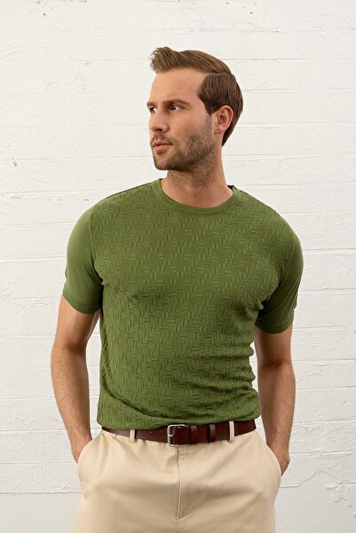 Danger Men's Patterned Crew Neck Classic Fit Thin Knitwear T-Shirt Green