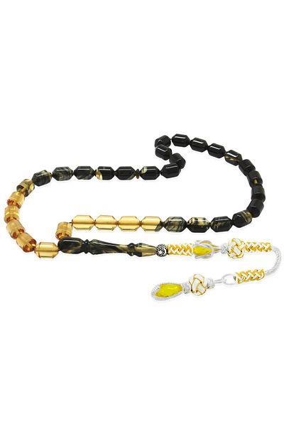 Tesbihane Copper Kazaz Tasseled Tip Capsule Cut Straining Black-White Fire Amber Rosary