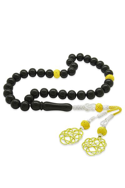 Tesbihane 1000 Sterling Silver Yellow-White Kazaz Tasseled Globe Cut Erzurum Oltu Stone Rosary