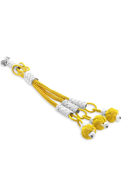 Tesbihane Sarı-Beyaz Renk Bakır Kaplama Üçlü Top Kazaz Püskül