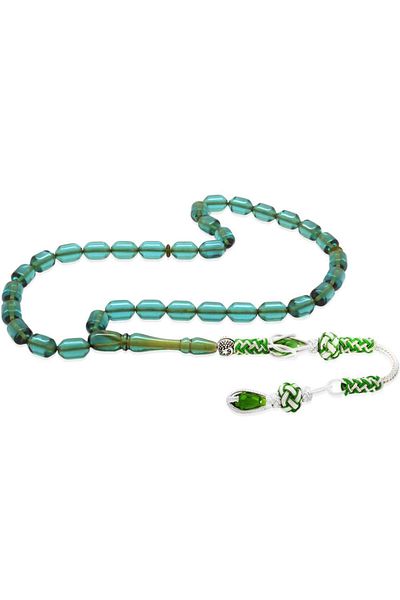Tesbihane Copper Kazaz Tasseled Tip Capsule Cut Transparent Turquoise Fire Amber Prayer Beads
