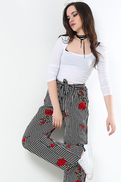 AVORWE Floral Print Striped Palazzo Trousers with Elastic Waist