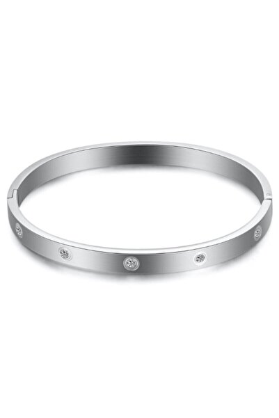 Lal Kadın Gümüş Renkli Zirkon Taşlı Paslanmaz Çelik Bileklik 18 cm