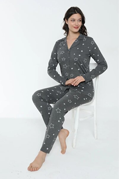 pijamacity Pamuklu Gri Desenli Kadın Uzun Kol Pijama Takımı