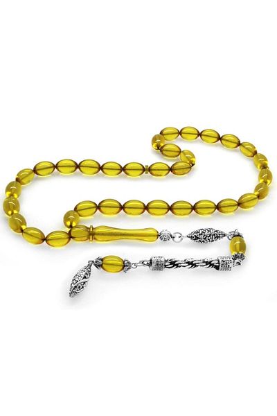 Tesbihane Non-Tarnish Metal Rope Tasseled Barley Cut Transparent Yellow Fire Amber Prayer Beads