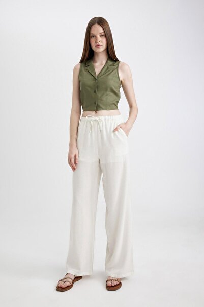 DeFacto Wide Leg - Three Pockets Linen Blended Pants, Regular Waist