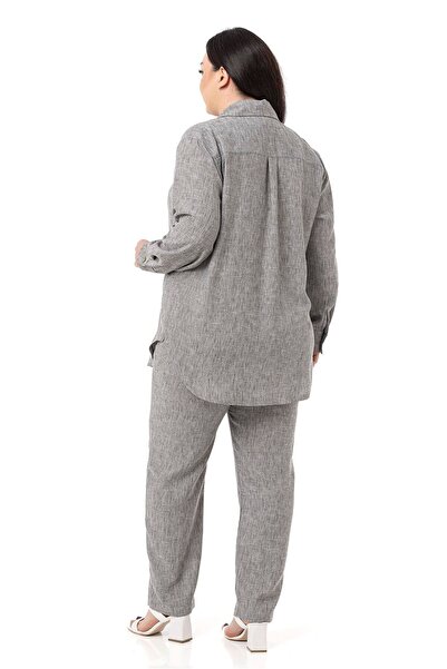 DISENTIS MODEST طقم قميص كتان كبير الحجم وبنطلون رمادي مكون من قطعتين