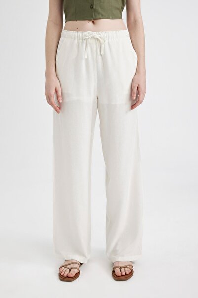 DeFacto Wide Leg Geniş Bol Paça Üç Cepli Normal Bel Basic Düz Standart Boy Keten Karışımlı Pantolon