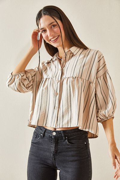 XHAN Beige Striped Balloon Sleeve Crop Shirt 5YXK2-48403-25