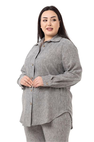 DISENTIS MODEST Large Size Linen Shirt Trousers Gray Double Set