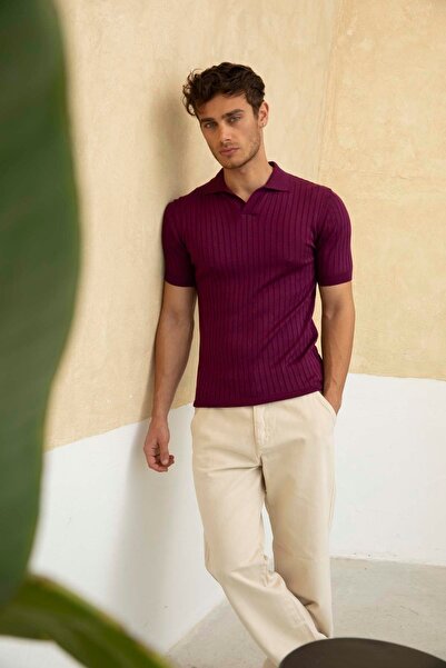 Tarz Cool Ανδρικό πλεκτό μπλουζάκι πόλο με ραβδώσεις