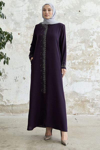 InStyle Right Part Stone Embroidered Ferace - Plum
