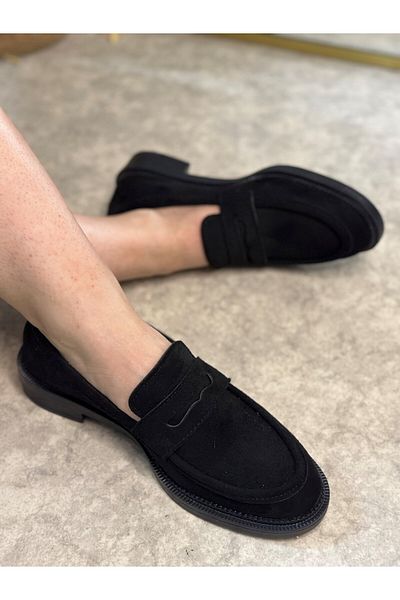 İmerShoes Mocasini de zi cu zi pentru femei din piele intoarsa neagra cu talpa cu model clasic, lant, varf oval, mocasin, pantofi eleganti 130