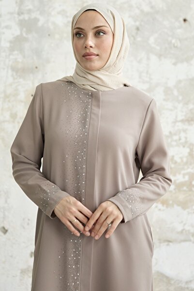 InStyle Sağ Kısmı Taş İşlemeli Ferace - Bej