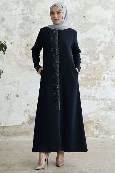 InStyle Right Part Stone Embroidered Ferace - Navy Blue