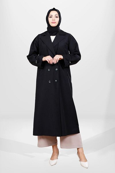 Beyza 3838 Μοντέλο Μαύρη Hijab Trench Coat - Λεπτομέρεια με κουμπί