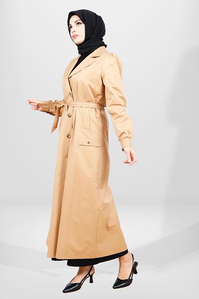 Beyza 3839 Μοντέλο Camel Hijab Μακρύ Καμπαρντίνα με κουμπιά