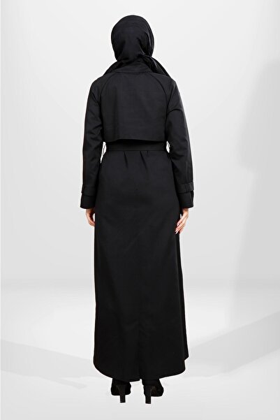 Beyza 3840 Düğmeli Tam Boy Tesettür Siyah Trençkot