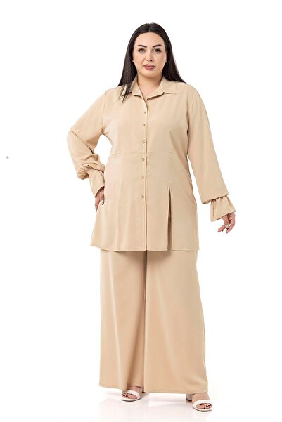 DISENTIS MODEST Pantaloni Camasa Marime Plus Relaxed Culoare Bej Set Dublu